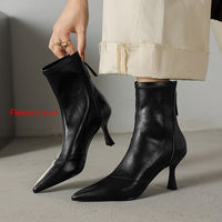 Stiletto-heeled Cowhide Pointed-toe Ankle Boots With A Back Zipper