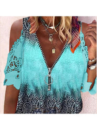 Printed V-neck Short Sleeved Casual Shirt Top