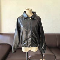 Zipper And Lapel Long Sleeve Loose All-matching Fleece-lined Cropped Leather Coat
