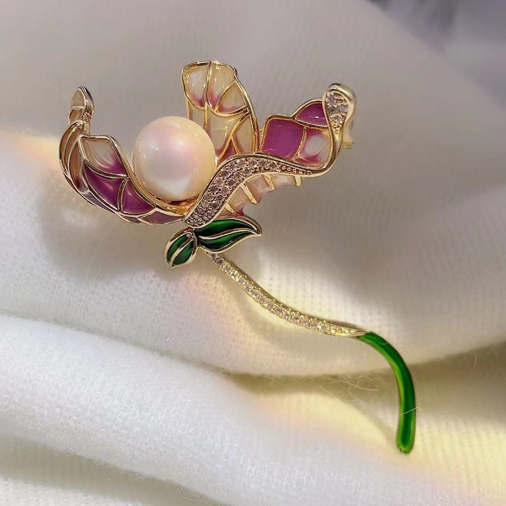 Enamel Brooch Pearl Lotus Classical