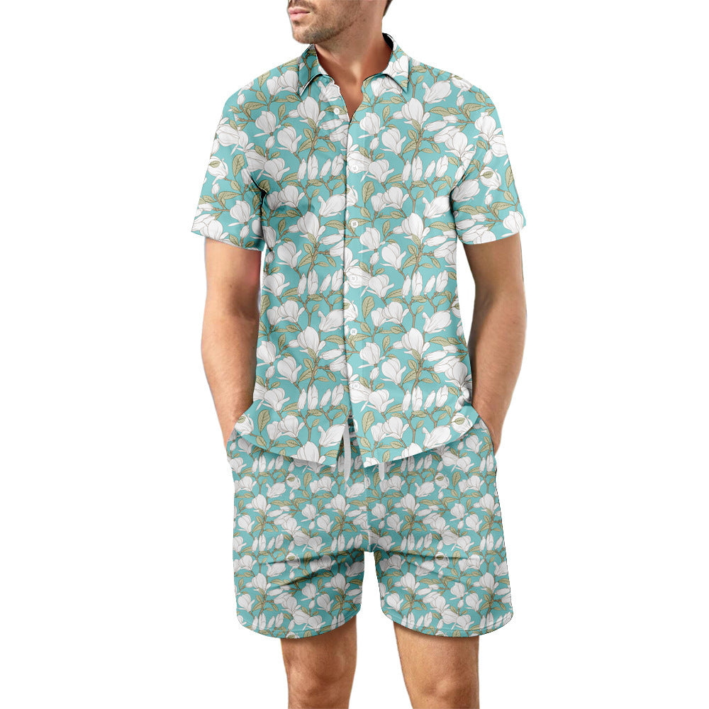 European Size Men's Casual Loose Shirt Suit Hawaii Seaside 3d Digital Printing Beach Short Sleeve Shorts