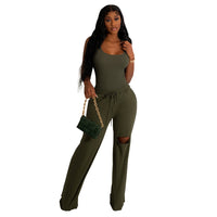 U-collar Jumpsuit Ripped Wide-leg Pants Suit