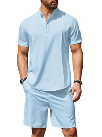 Men's 2 Pieces Linen Set Henley Shirt Short Sleeve And Shorts Summer Beach Yoga Matching Outfits