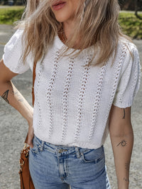 Stylish French-style Crew-neck Mesh Hollow-out Knit Short-sleeve Top
