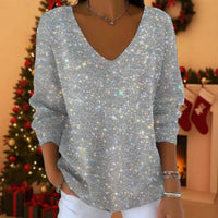 Womens 3D Digital-Print Drop-Shoulder V-Neck Long-Sleeve Pullover Top