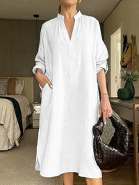 Womens Retro Cotton-Linen Long-Sleeve V-Neck Pocket Dress