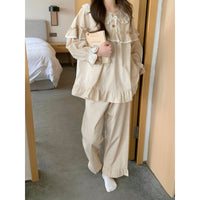 Loose, Breathable Cotton-linen Plaid Long-sleeve Loungewear Set For Indoor And Outdoor Wear