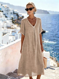 Casual Loose Fitting Long Skirt With Short Sleeves And A V Neck In Solid Color Cotton Linen Fabric