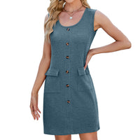 Crew-neck Buttoned-pocket Sleeveless Vest Dress