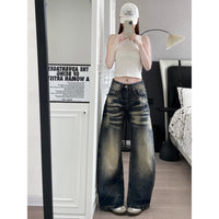 American-style Vintage Washed And Distressed Straight-leg Jeans