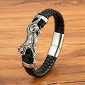 Gold And Steel-Colored Leopard-Pattern Dragon Pi Xiu Stainless Steel Leather Magnetic-Clasp Mens Bracelet