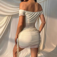 Off-shoulder Sheer Pleated Ruffled Frill Strap Dress