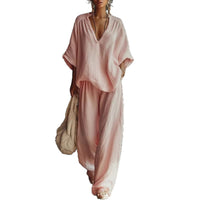 Womens V-neck Loose Short-Sleeve Casual Pants Two-Piece Set