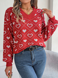 Women Sweet Color Block Heart Lantern Sleeve Pullover Sweater