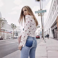 French Retro Square Neck Print Single-breasted Long Sleeve Ruffle Shirt