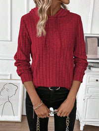 Casual Rib Sunken Stripe Pullover Hooded Long Sleeves Sweater