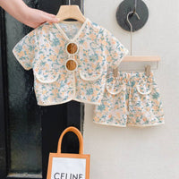 Girls Western Style Retro Hollow Flower Short-sleeved Top And Shorts Two-piece Suit