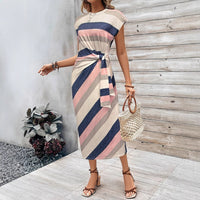 Striped Printed Crew Neck Short Sleeve Long Dress With Bow Detail
