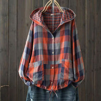 New Korean-style Oversized Artistic Retro Casual Plaid Cotton-linen Double-layer Shirt With A Hood