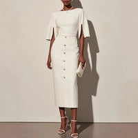 Summer Solid-Color Crew-Neck Defined-Waist Dress With Slit And Buttons
