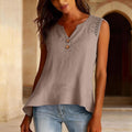 Solid-color V-neck Hollow-out Button Cotton-linen Short-sleeve Top Shirt
