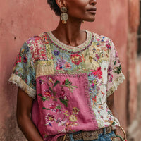 Womens Retro Printed Patchwork Crew-Neck Top