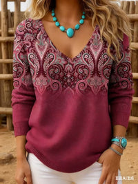 Womens Retro-Print V-Neck Long-Sleeve T-Shirt Top