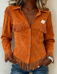 Brown European And American-style Suede-velvet Cardigan With Tassels And Long Sleeves