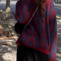 Rhombus Contrast Color Pullover Heavy Industry Sweater For Women