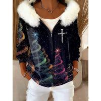 Stylish 3D Digital-Print Womens Cardigan With Faux Fur Hoodie