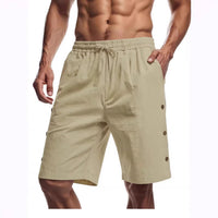 Solid-color Mens Loose-fit American-style Cotton-linen Beach Casual Shorts With Buttons
