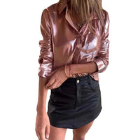 Women's Faux Leather Fashion Polo Collar Shirt