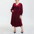 V-neck Pleated High-waist Plus-size Midi Dress