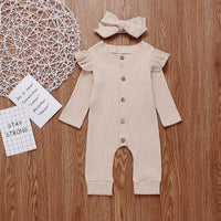 Solid Color Round Neck Long Sleeve Button Hair Band One-piece Romper