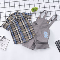 Summer Children's Suit Cotton Plaid Shirt Suspender Pants Two-piece Suit