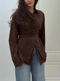 Dark Brown Long-Sleeve Cross-Tie Waist-Cinched Shirt
