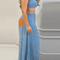 Contrast-color Womens Spliced Tube-top Bodycon Suit With Trousers
