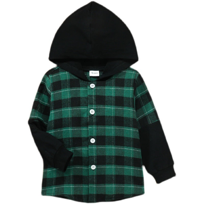 Hooded Plaid Sleeves Single Breasted Top Boys Middle Child Shirt Jacket