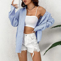 Striped Cardigan Top Loose Casual Long Sleeves Shirt