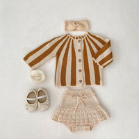Striped Knitted Coat Culottes Two-piece Suit
