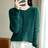 Women's Round Neck Wool Cardigan Twisted Wool Sweater