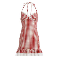 French-style Girly Lace-trimmed Patchwork Plaid Suspender Dress