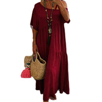 Casual Slash Neck Short Sleeve Cotton Linen Solid Color Womens Dress