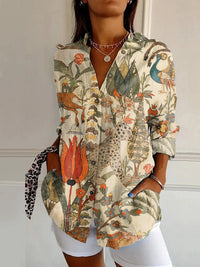 Womens Floral And Green Leaf-print Long-sleeve Blouse