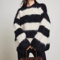 Women's Casual Round Neck Striped Artificial Mink Fur Sweater