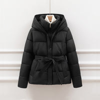 Womens Slimming Figure Hugging Cotton Coat With A Defined Waist Hood And Drawstring