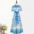 Single Breasted Bubble Sleeve Printed Lace Up Dress