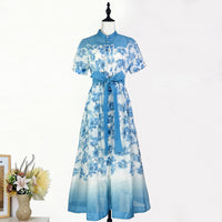Single Breasted Bubble Sleeve Printed Lace Up Dress