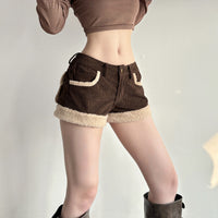 Retro Patchwork Corduroy Shorts With A Niche Designer Edgelow-rise And Ultra-flattering For Bold Edgy Looks