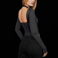 Halterneck Jumpsuit Solid Color See-through Long Sleeves